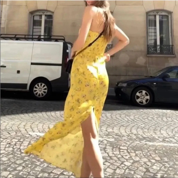 NWT REFORMATION Frankie Silk Dress - Canaria 8 Yellow Floral Maxi - Picture 1 of 9
